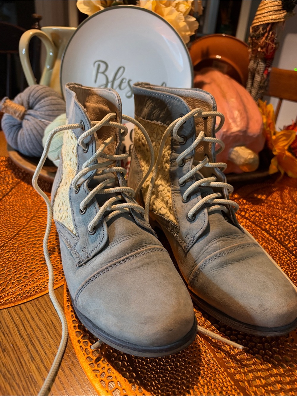 Steve Madden Thundr-C Booties Leather Lace Distressed Blue Gray Boho Boot Sz 8.5